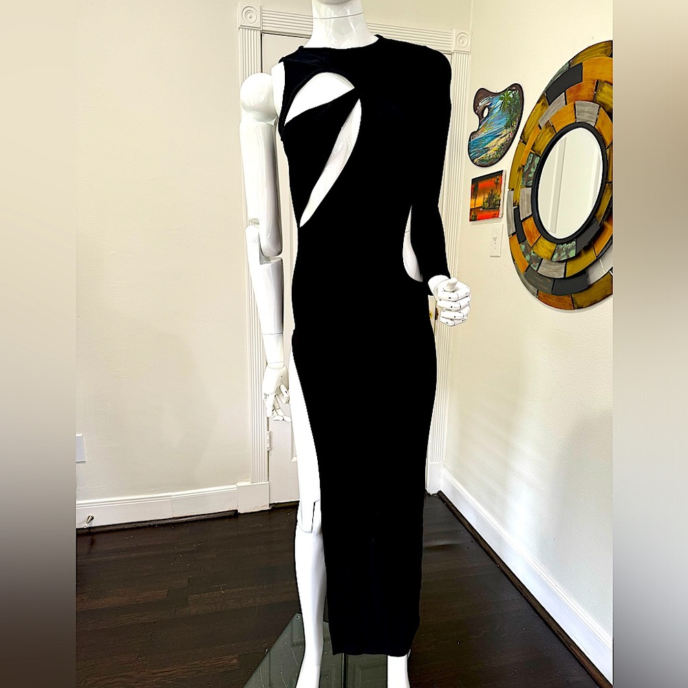 I AM NOT BASIC, size small, black asymmetric cutout maxi dress w/long side slit